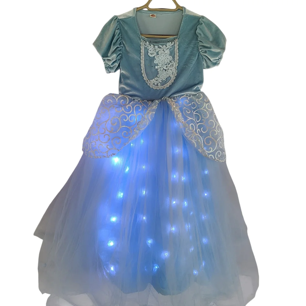 Light Up Blue Princess Costume Dress Girls Size 150 Cinderella Style LED Tulle